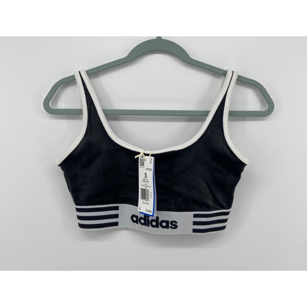 Adidas Originals Women Velvet Bra Top Black White JW7282 Velour Trefoil S
